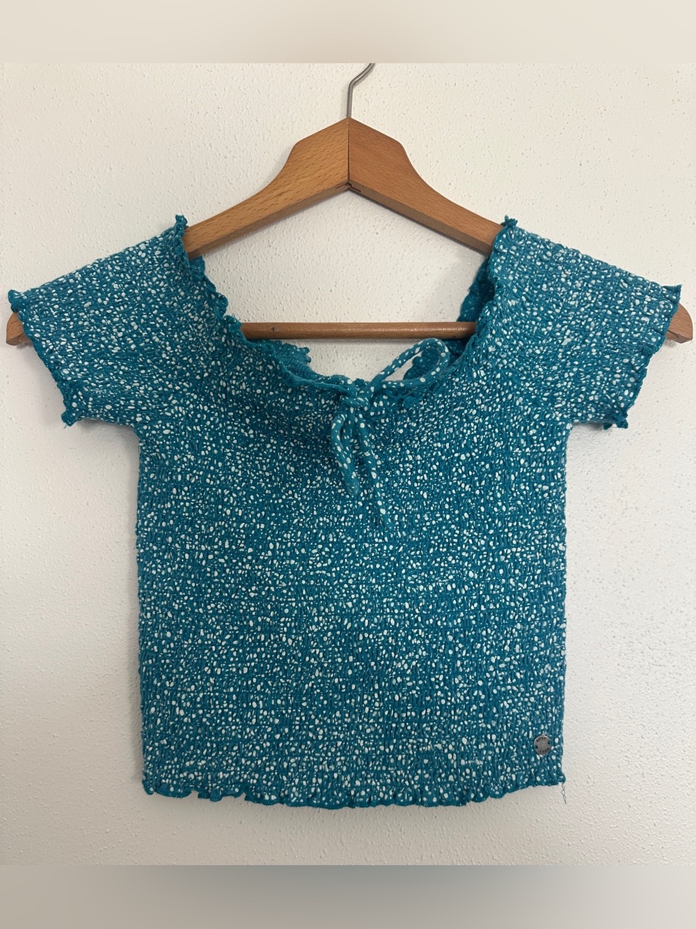 Roxy Blue White Smocked Off The Shoulder Crop Top Floral Speckled Us Together XS
